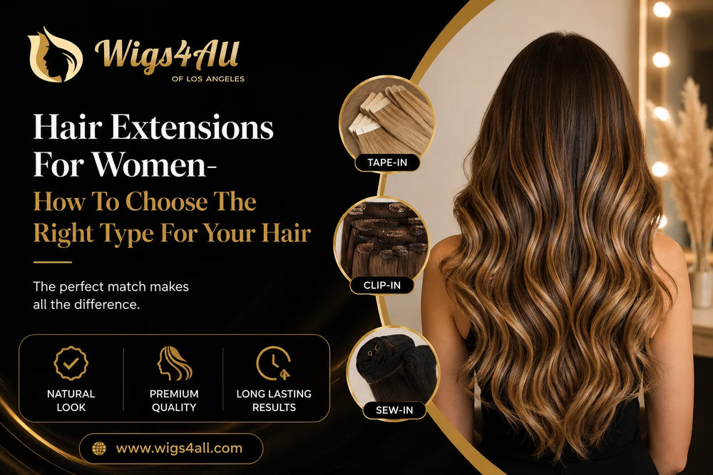 Women comparing hair extensions, human hair wigs, and toppers