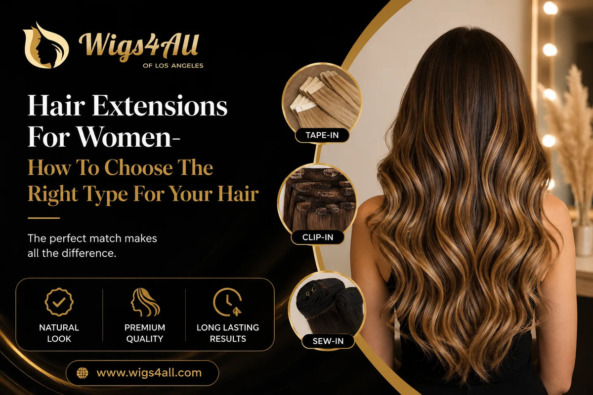 Women comparing hair extensions, human hair wigs, and toppers